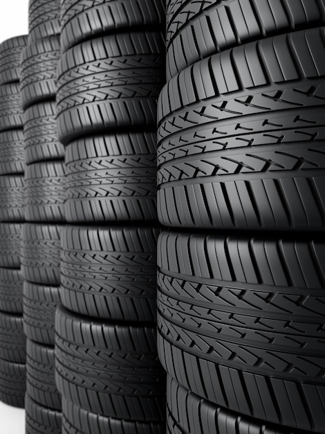 3d render Automobile Tires stacking Close-up