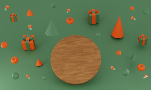 Rendering 3d composizione fantasia autunnale regali di zucca autunnali cartoni animati e forme geometriche illustrazione 3d