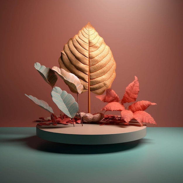 3d render of autumn leaves on the podium Minimal composition