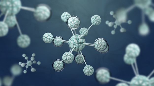 抽象セルで背景を3Dレンダリングします。単純な分子構造を持つ概念的な生物学。