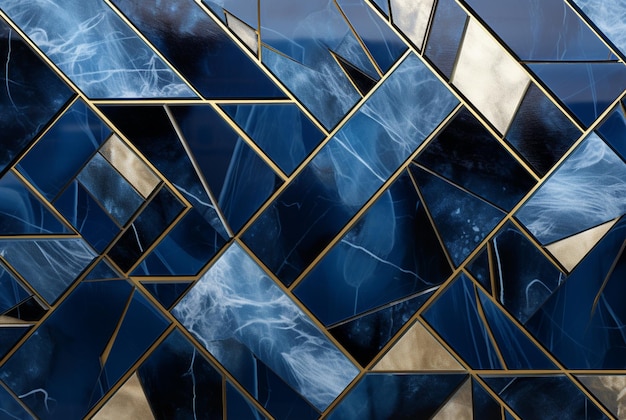 3d render of a background with square marble tiles on a blue background with a gold pattern