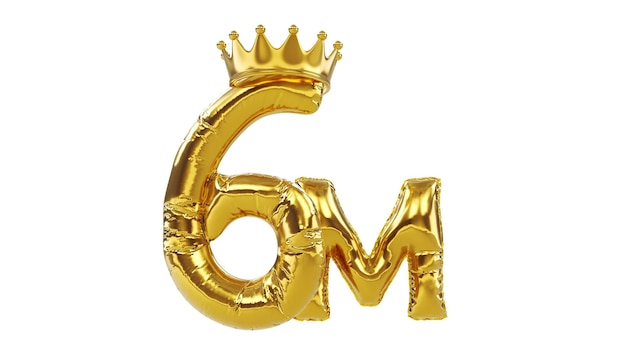3D-рендер воздушных шаров золотой номер шесть или шесть с золотой королевской короной концепция последователей