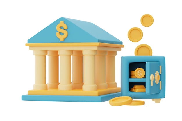 Photo 3d render of bank building with safe box and golden coin stacks isolated on light backgroundmoney transfer conceptbusiness financial investmentminimal style3d rendering