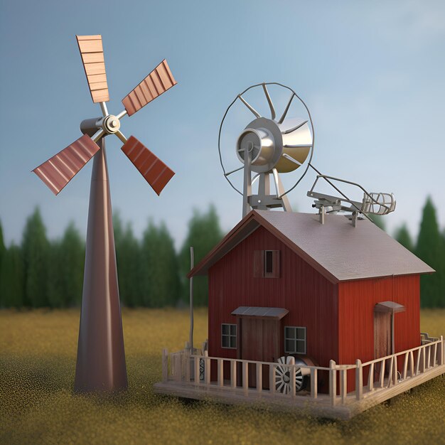 Photo 3d render of a barn and windmill in the field