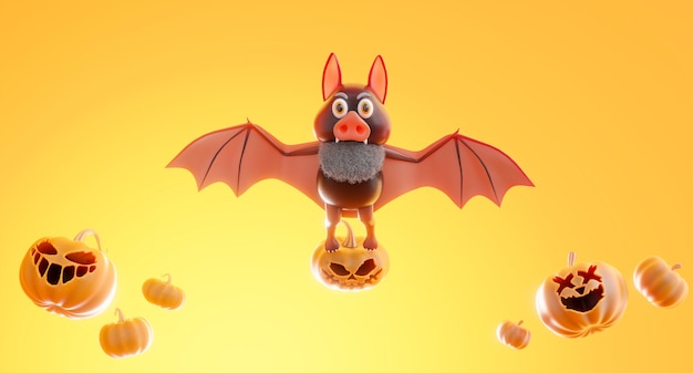 3d render of bat flying with halloween concept,pumpkin,candle on orange background