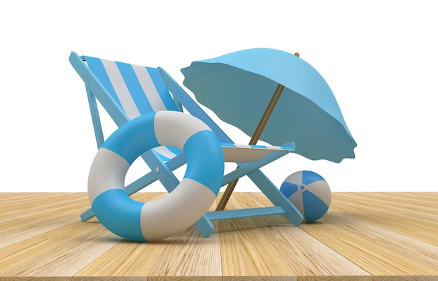 Photo 3d render beach umbrella, chair and lifebuoys on wooden floor with white background