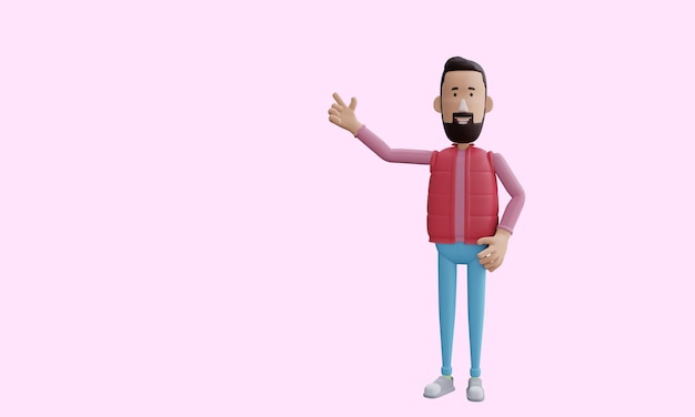 3d render A bearded man in a red vest points his finger at something Pointer