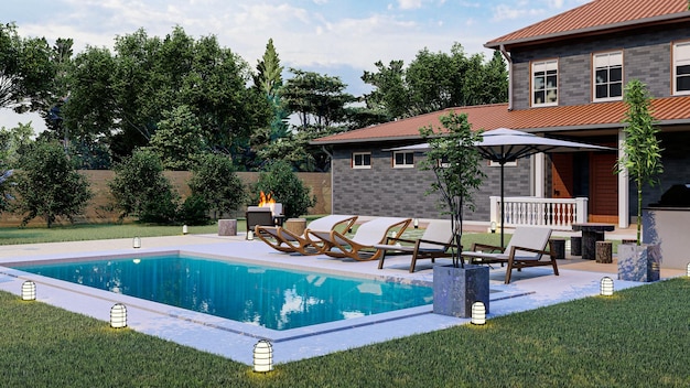 3D render of a beautiful backyard with a rectangular pool, fire pit, kitchen and outdoor lighting