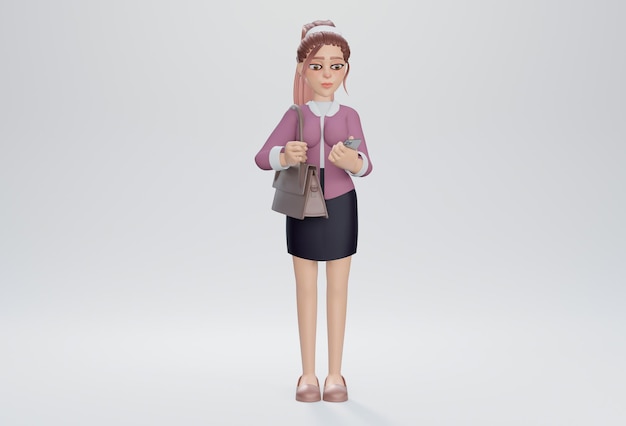 Photo 3d render beautiful business girl holding phone and a purse