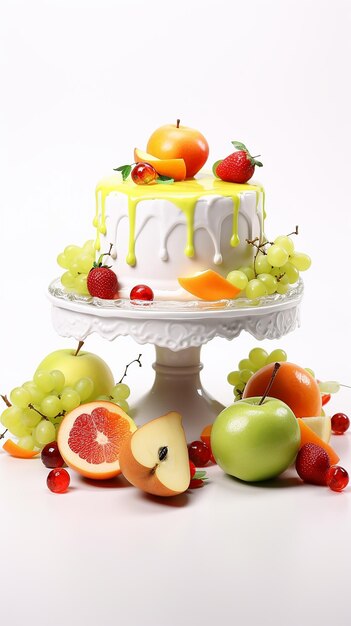 사진 과일로 장식된 아름다운 케이크를 3d로 렌더링합니다.