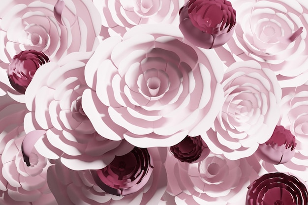 발렌타인 데이 프로젝트를 위한 아름다운 비행 분홍색 종이 꽃 벽지 패턴의 3d 렌더링