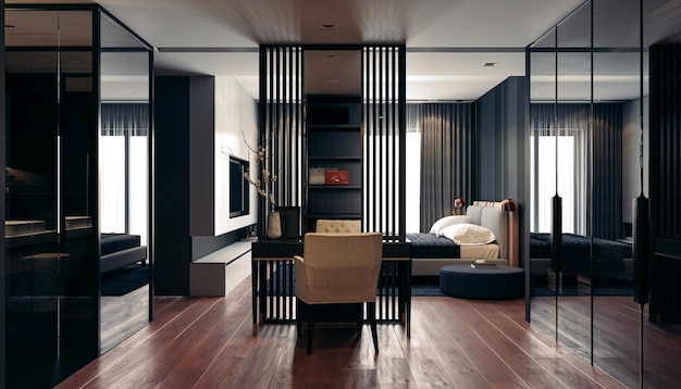 3d render of beautiful interior with dark gray walls