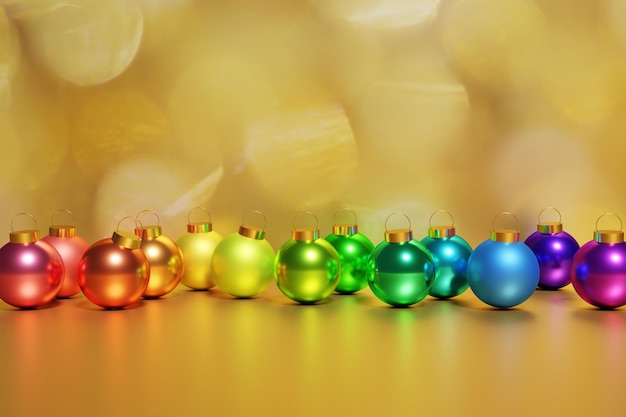 3d render of beautiful metallic rainbow xmas baubles on a golden bokeh background