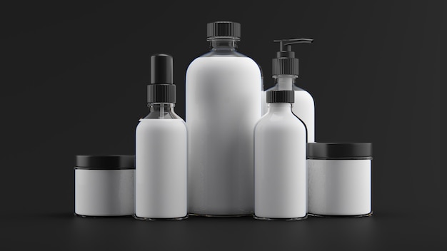 Photo 3d render of beauty bottles. cosmetic bottle 3d background. set of body care flasks with abstract liquid on dark background.