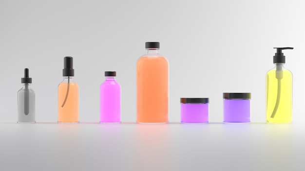 Photo 3d render of beauty bottles. cosmetic bottle 3d background. set of body care flasks with abstract liquid on white reflective background.