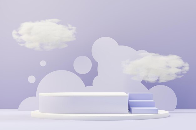 3d render of Beauty podium with Very Peri color of the year 2022 design for product presentation and advertising. Minimal pastel sky and Dreamy land scene. Romance concept.