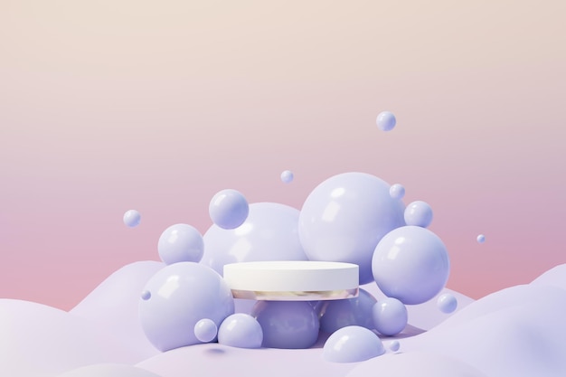 3d render of Beauty podium with Very Peri color of the year 2022 design for product presentation and advertising. Minimal pastel sky and Dreamy land scene. Romance concept.