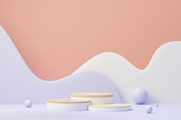 제품 프레젠테이션 및 광고를 위한 2022년 디자인의 베리 페리 색상이 있는 뷰티 연단의 3d 렌더링. 최소한의 파스텔 하늘과 꿈꾸는 땅 장면. 로맨스 개념입니다.