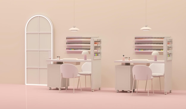 Foto 3d render beauty spa nagelsalon op pastel roze achtergrond 3d illustratie van luxe beauty studio