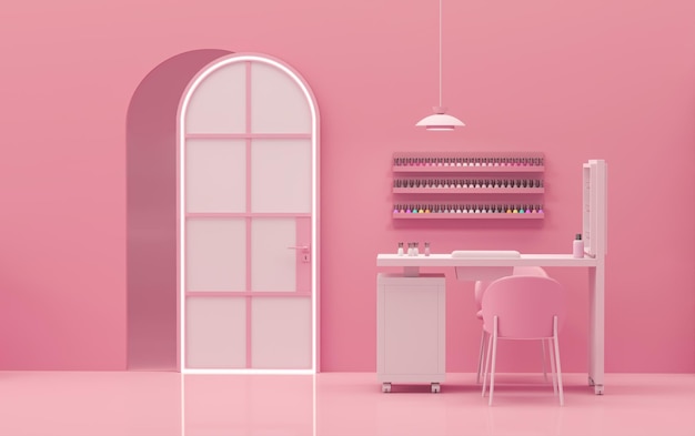 Foto 3d render beauty spa nail salon su sfondo rosa pastello illustrazione 3d di lusso beauty studio