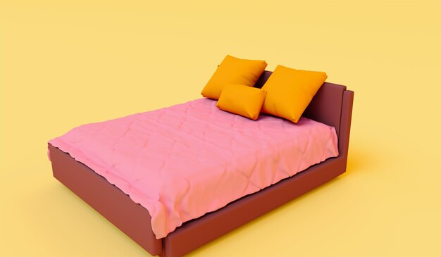 3d render bed pink color sheet on light yellow color background