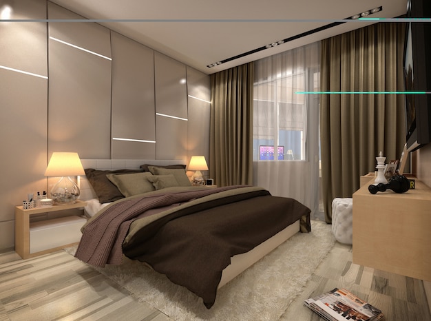 3d render bedroom in a private house in brown and beige colors