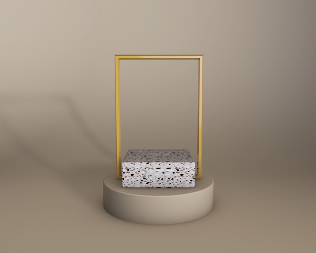 3d render of beige studio and terrazzo product stage with golden frame. Trendy colors