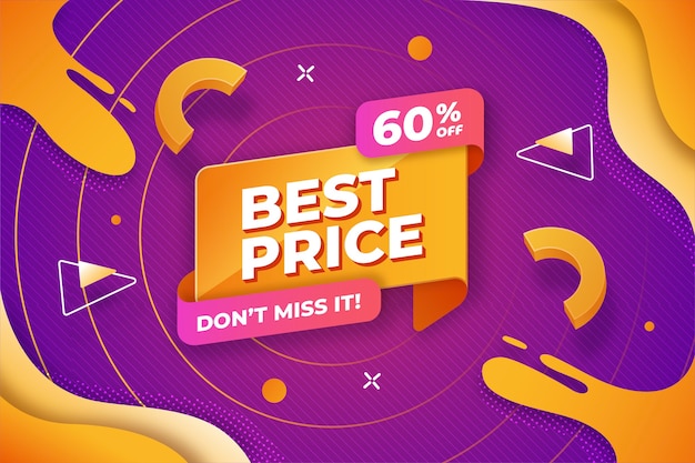 Photo 3d render best price sixty percent off dont miss it on orange text bubble on purple background