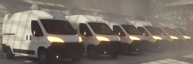 3D render bestelwagen transport vrachtwagens geparkeerd met lichten aan