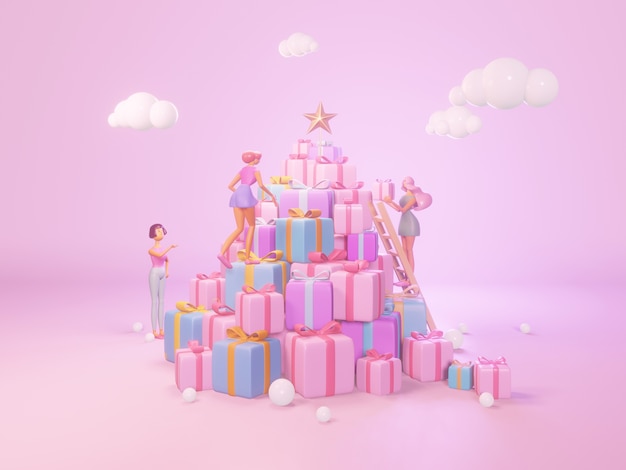 3D render of big pile of Christmas gifts with a beautiful women.