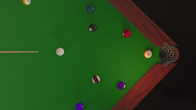 3d render Billiard ball hits the hole view from above