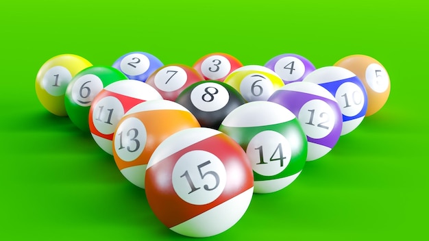 Photo 3d render of billiard balls isolated on green background poolball billiard balls in a green pool table