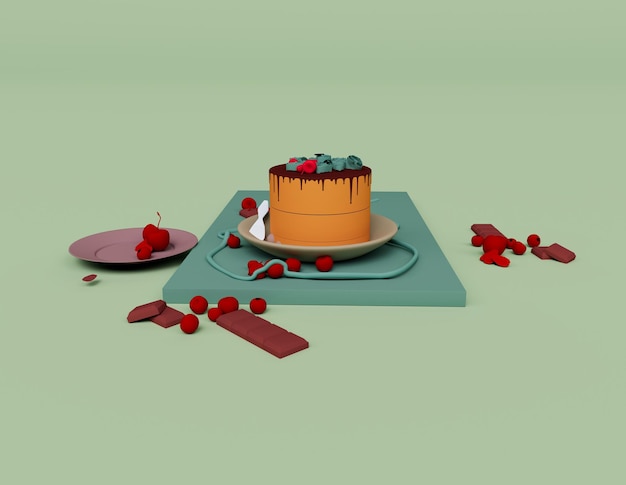 파스텔 색상 최소 장면에 격리된 접시 3d 그림에 체리와 생일 케이크 초콜릿 색상의 3d 렌더링