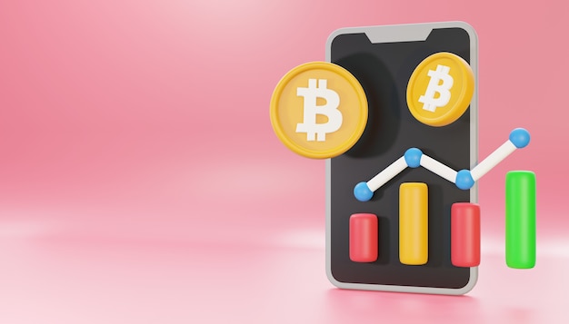 3D Render Bitcoin Analytics in het telefoonscherm