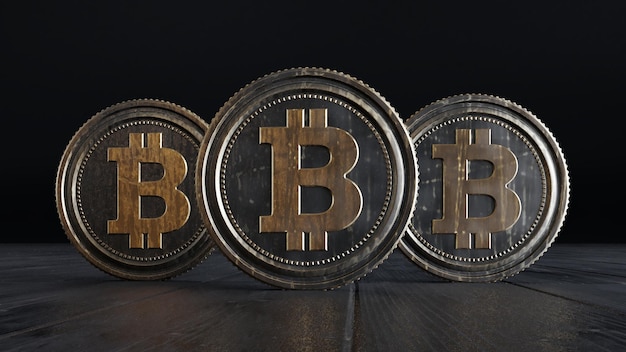 3D render of bitcoin coins isolated on dark wooden back ground Bitcoin 3D Set