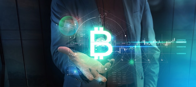 3d rendono la proiezione virtuale di infographics di bitcoin sul palmo di un uomo