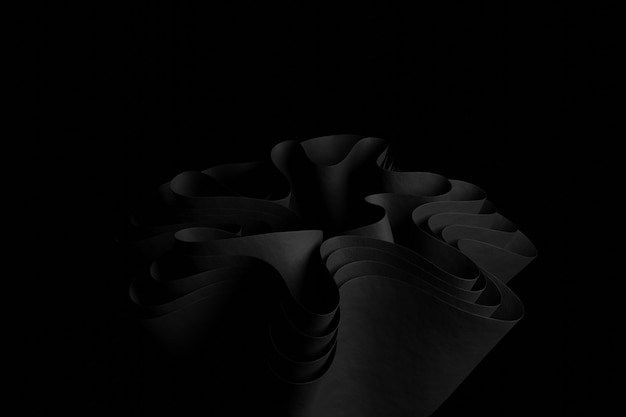 写真 創造的な3dオブジェクトと黒の背景の壁紙に黒の抽象的な波状のフォームを3dレンダリングします。