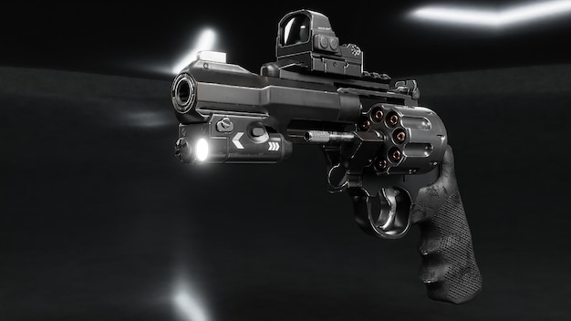 3d render of a black American revolver with a red dot sight and a flashlight