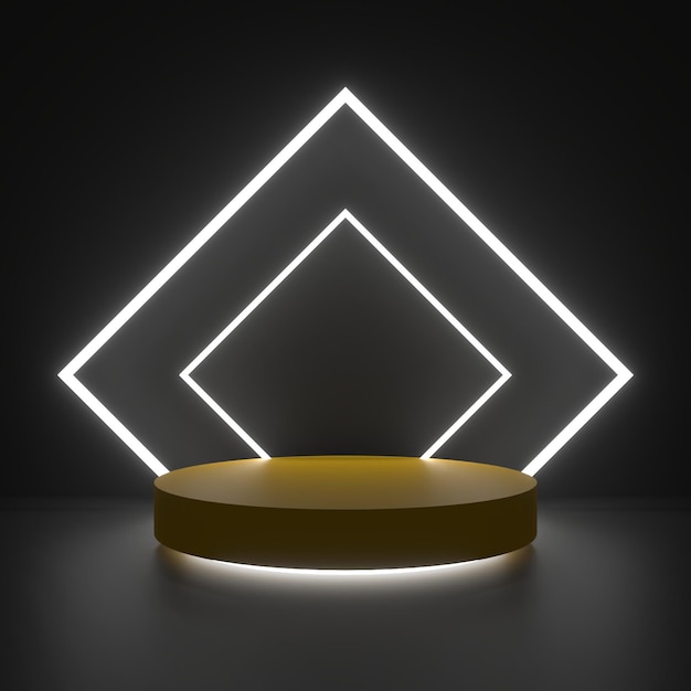Фото 3d визуализация черно-золотой подиум со светящимся прямоугольником