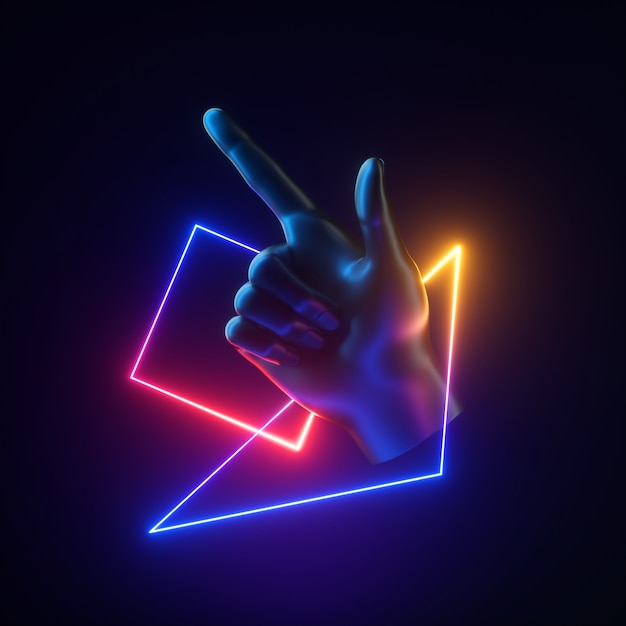 3d render black artificial hand with neon geometric objects levitating