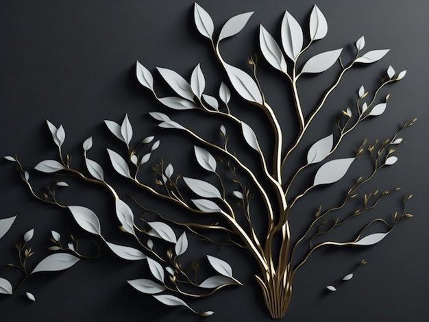 3 d レンダリング黒の背景に白い枝と葉の壁の装飾のためのデジタル アート