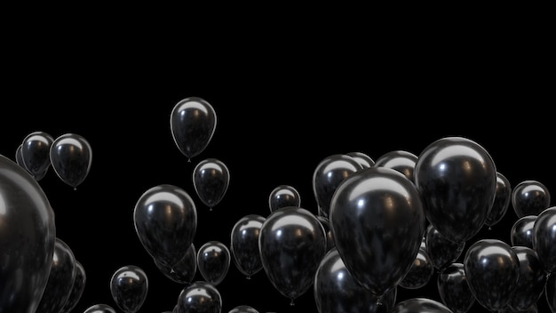 Foto rendering 3d palloncini neri su sfondo nero