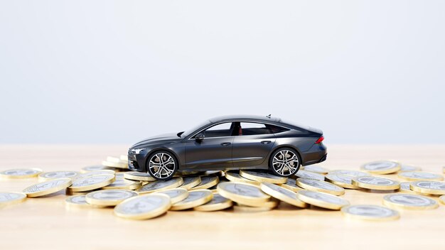 3d render. black car a lot of coins on white background.