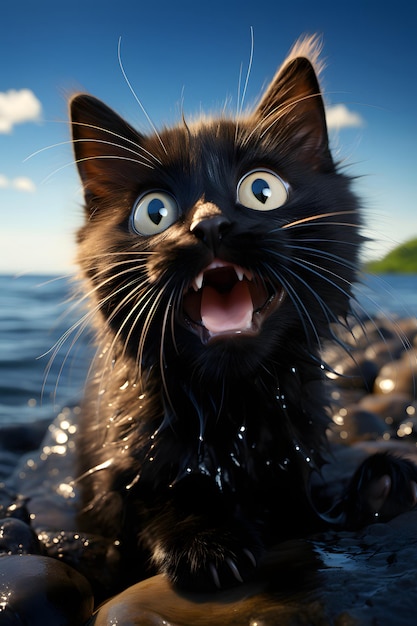 3D render of a black cat exploring the beach