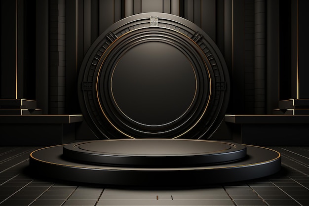 モダンでエレガントでダイナミックな背景を持つ黒い円形の表彰台を 3D レンダリングします。