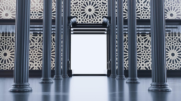 3D render of black columns with arabesque style shaining door between columns