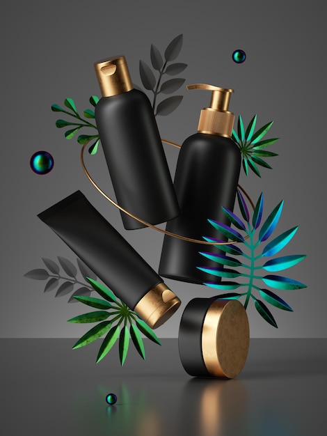 3D рендеринг черных косметических бутылок с золотыми крышками на темном фоне