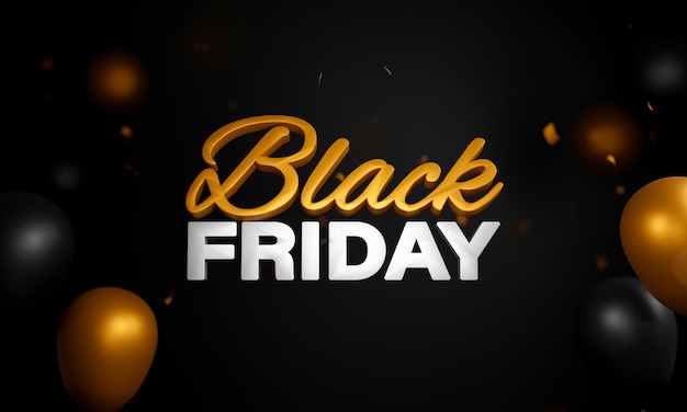 3d render of black friday font with glossy balloons and golden\
confetti decorated background advertising banner design