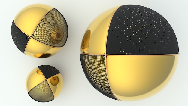 3d render black gold spheres on white floor