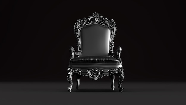 3D render of black king armchair on dark background king throne